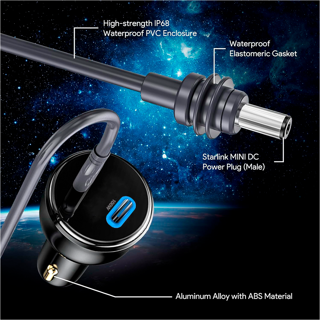 Starlink Mini Adaptador 2 en 1 DC 12V 24V 100W Max USB-C