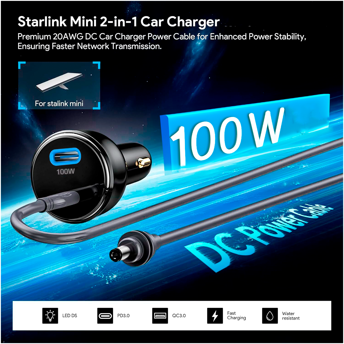 Starlink Mini Adaptador 2 en 1 DC 12V 24V 100W Max USB-C