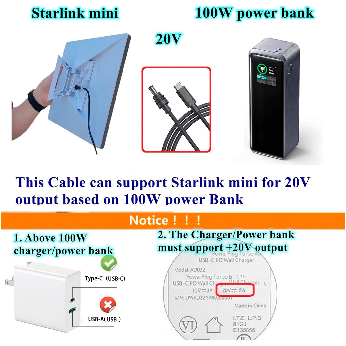 Cable Adaptador USB-C a DC Para Starlink Mini
